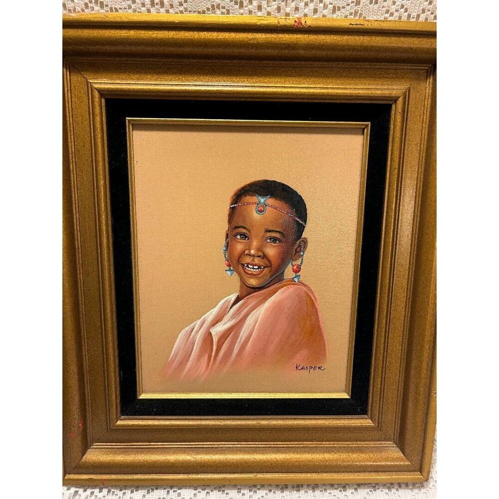 Vtg Kasper Art, Oil Painting Beautiful Young African Girl, Gold Frame w/Seal